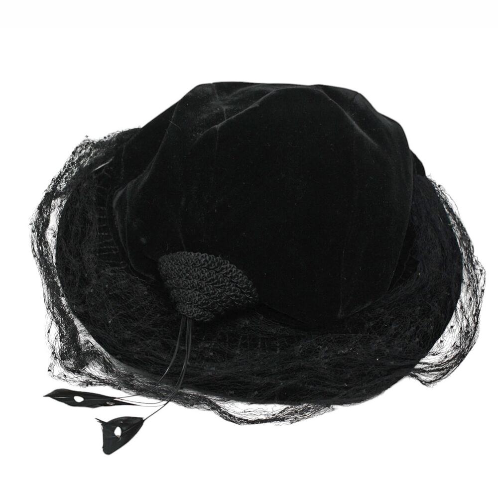 Vintage 1930s Black Velvet Hat Braid Trim and Feathers with Rhinestones -Hey Viv - Picture 4 of 7